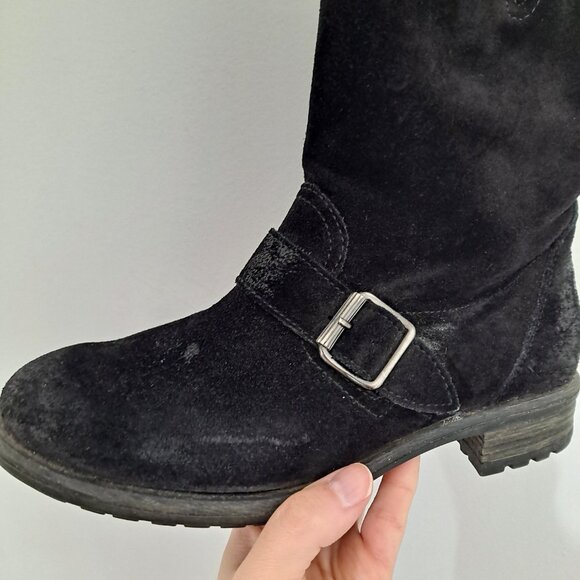 Paul Green Black Suede Distressed Moto Fall Boots Zipper Buckle - Picture 10 of 13